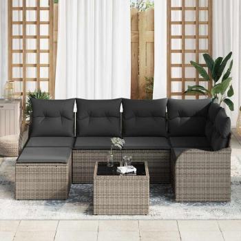 6-teiliges Garten Sofa Set mit Kissen Schwarzes Poly Rattan, 2-Sitzer Garten Sofa mit Stauraum & Kissen Graues Poly Rattan