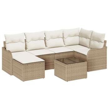 7-teiliges Garten Sofa Set mit Kissen Braun Poly Rattan, 2-Sitzer Garten Sofa mit Stauraum und Kissen Beige Poly Rattan