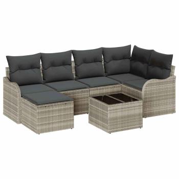 7-teiliges Garten-Sofa-Set mit Kissen Grau Poly-Rattan, 2-Sitzer Garten-Sofa mit Stauraum & Kissen Hellgrau Poly-Rattan