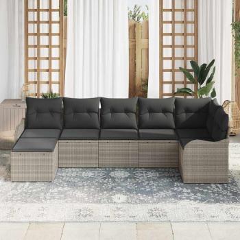 7-teiliges Garten-Sofa-Set mit Kissen Hellgrau Poly Rattan, 2-Sitzer Garten-Sofa mit Stauraum & Kissen Hellgrau Poly Rattan