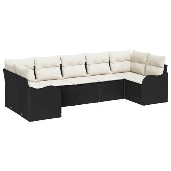 7-teiliges Garten Sofa Set mit Kissen Schwarz Poly Rattan, 2-Sitzer Garten Sofa mit Stauraum & Kissen Schwarz Poly Rattan
