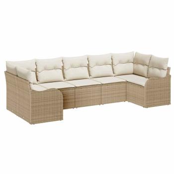 7 Teile Garten Sofa Set mit Kissen Beige Poly Rattan, 2-Sitzer Garten Sofa mit Stauraum & Kissen Beige Poly Rattan