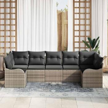 7-teiliges Garten Sofa Set mit Kissen Hellgraues Poly Rattan, 2-Sitzer Garten Sofa mit Stauraum & Kissen Hellgraues Poly Rattan
