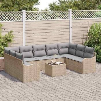 10-teiliges Garten Sofa Set mit Kissen Schwarz Poly Rattan, 2-Sitzer Garten Sofa mit Stauraum & Kissen Beige Poly Rattan