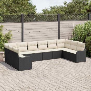 10-teiliges Garten Sofa Set mit Kissen Schwarz Poly-Rattan, 2-Sitzer Garten Sofa mit Stauraum & Kissen Schwarz Poly-Rattan
