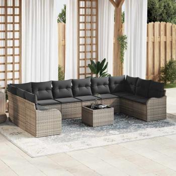 ARDEBO.de - 10-teiliges Garten Sofa Set mit Kissen, schwarzes Poly Rattan, 2-Sitzer Garten Sofa mit Stauraum und Kissen, graues Poly Rattan