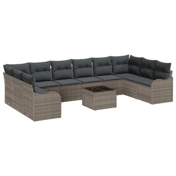 10-teiliges Garten Sofa Set mit Kissen, schwarzes Poly Rattan, 2-Sitzer Garten Sofa mit Stauraum und Kissen, graues Poly Rattan