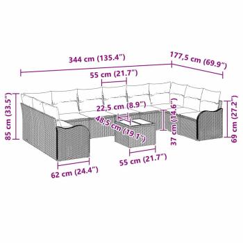10-teiliges Garten Sofa Set mit Kissen, schwarzes Poly Rattan, 2-Sitzer Garten Sofa mit Stauraum und Kissen, graues Poly Rattan