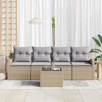 5-teiliges Garten-Sofa-Set mit Kissen Beige Poly Rattan, 2-Sitzer Garten-Sofa mit Stauraum & Kissen Beige Poly Rattan