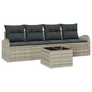5-teiliges Garten-Sofa-Set mit Kissen in Hellgrau aus Poly-Rattan, 2-Sitzer Garten-Sofa mit Stauraum & Kissen in Hellgrau aus Poly-Rattan