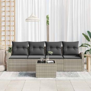 5-teiliges Garten-Sofa-Set mit Kissen in Hellgrau aus Poly-Rattan, 2-Sitzer Garten-Sofa mit Stauraum & Kissen in Hellgrau aus Poly-Rattan