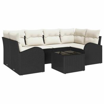 7-teiliges Garten Sofa Set mit Kissen Schwarz Poly Rattan, 2-Sitzer Garten Sofa mit Stauraum & Kissen Schwarz Poly Rattan