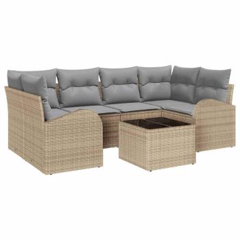 ARDEBO.de - 7-teiliges Garten-Sofa-Set mit Kissen Beige Poly-Rattan, 2-Sitzer Garten-Sofa mit Stauraum & Kissen Beige Poly-Rattan