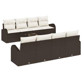 9-teiliges Garten-Sofa Set mit Kissen Braun Poly Rattan, 2-Sitzer Garten-Sofa mit Stauraum & Kissen Braun Poly Rattan