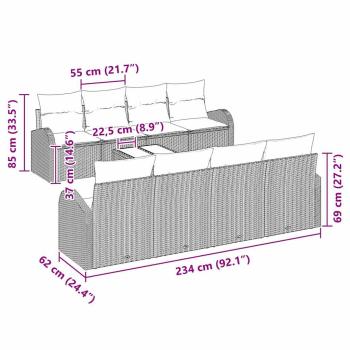 9-teiliges Garten-Sofa Set mit Kissen Braun Poly Rattan, 2-Sitzer Garten-Sofa mit Stauraum & Kissen Braun Poly Rattan