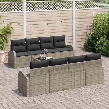 9-teiliges Garten-Sofa-Set mit Kissen Grau Poly Rattan, 2-Sitzer Garten-Sofa mit Stauraum & Kissen Grau Poly Rattan