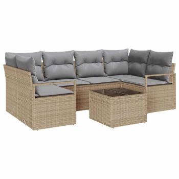 7-teiliges Garten Sofa Set mit Kissen Beige Poly Rattan, 2-Sitzer Garten Sofa mit Stauraum und Kissen Beige Poly Rattan