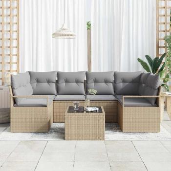 7-teiliges Garten Sofa Set mit Kissen Beige Poly Rattan, 2-Sitzer Garten Sofa mit Stauraum und Kissen Beige Poly Rattan