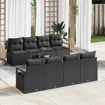 ARDEBO.de - 9-teiliges Garten Sofa Set mit Kissen Schwarz Poly Rattan, 2-Sitzer Garten Sofa mit Stauraum & Kissen Schwarz Poly Rattan