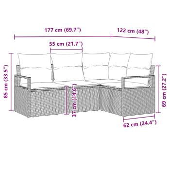 4-teiliges Garten Sofa Set mit Kissen in Hellgrau Poly Rattan, 2-Sitzer Garten Sofa mit Stauraum & Kissen in Grau Poly Rattan