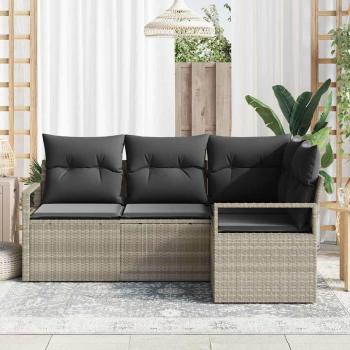 4-teiliges Garten Sofa Set mit Kissen in Hellgrau Poly Rattan, 2-Sitzer Garten Sofa mit Stauraum & Kissen in Grau Poly Rattan