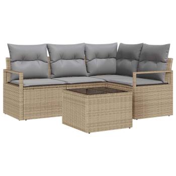 5-teiliges Garten Sofa Set mit Kissen Schwarz Poly Rattan, 2-Sitzer Garten Sofa mit Stauraum & Kissen Beige Poly Rattan