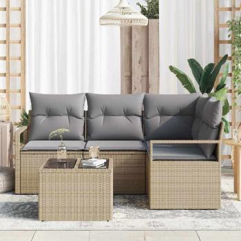 5-teiliges Garten Sofa Set mit Kissen Schwarz Poly Rattan, 2-Sitzer Garten Sofa mit Stauraum & Kissen Beige Poly Rattan
