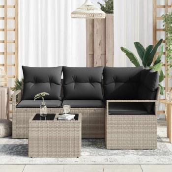 5-teiliges Garten Sofa Set mit Kissen Grau Poly Rattan, 2-Sitzer Garten Sofa mit Stauraum & Kissen Grau Poly Rattan