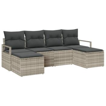6-teiliges Garten-Sofa-Set mit Kissen Hellgrau Poly-Rattan, 2-Sitzer Garten-Sofa mit Stauraum & Kissen Grau Poly-Rattan
