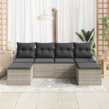 6-teiliges Garten-Sofa-Set mit Kissen Hellgrau Poly-Rattan, 2-Sitzer Garten-Sofa mit Stauraum & Kissen Grau Poly-Rattan