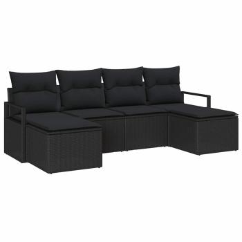 6-teiliges Garten Sofa Set mit Kissen Schwarz Poly-Rattan, 2-Sitzer Garten Sofa mit Stauraum & Kissen Schwarz Poly-Rattan