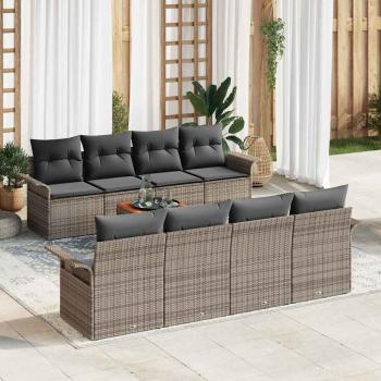ARDEBO.de - 9-teiliges Garten Sofa Set mit Kissen Grau Poly Rattan Akazie, 2-Sitzer Garten Sofa mit Stauraum & Kissen Grau Poly Rattan