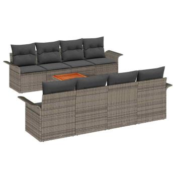 9-teiliges Garten Sofa Set mit Kissen Grau Poly Rattan Akazie, 2-Sitzer Garten Sofa mit Stauraum & Kissen Grau Poly Rattan