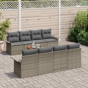 9-teiliges Garten Sofa Set mit Kissen Grau Poly Rattan Akazie, 2-Sitzer Garten Sofa mit Stauraum & Kissen Grau Poly Rattan