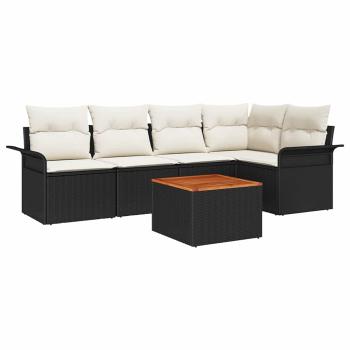 6-teiliges Garten-Sofa-Set mit Kissen Schwarz Poly-Rattan Akazie, 2-Sitzer Garten-Sofa mit Stauraum & Kissen Schwarz Poly-Rattan