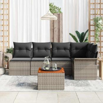 6-teiliges Garten Sofa Set mit Kissen Graues Poly Rattan Akazie, 2-Sitzer Garten Sofa mit Stauraum & Kissen Graues Poly Rattan