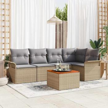 ARDEBO.de - 6-teiliges Garten-Sofa-Set mit Kissen Beige Poly Rattan Akazie, 2-Sitzer Garten Sofa mit Stauraum & Kissen Beige Poly Rattan