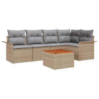 6-teiliges Garten-Sofa-Set mit Kissen Beige Poly Rattan Akazie, 2-Sitzer Garten Sofa mit Stauraum & Kissen Beige Poly Rattan
