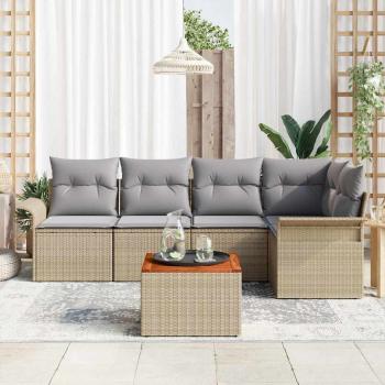 6-teiliges Garten-Sofa-Set mit Kissen Beige Poly Rattan Akazie, 2-Sitzer Garten Sofa mit Stauraum & Kissen Beige Poly Rattan