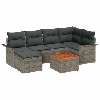 7-teiliges Garten-Sofa-Set mit Kissen Grau Poly Rattan Akazie, 2-Sitzer Garten-Sofa mit Stauraum & Kissen Grau Poly Rattan