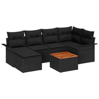7-teiliges Garten-Sofa-Set mit Kissen Schwarz Poly Rattan Akazie, 2-Sitzer Garten-Sofa mit Stauraum & Kissen Schwarz Poly Rattan