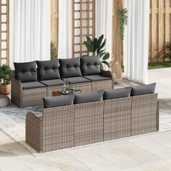 ARDEBO.de - 9-teiliges Garten Sofa Set mit Kissen Grau Poly Rattan Akazie, 2-Sitzer Garten Sofa mit Stauraum & Kissen Grau Poly Rattan
