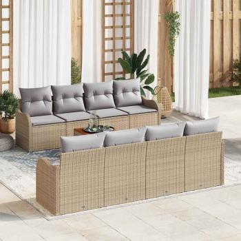 ARDEBO.de - 9-teiliges Garten-Sofa-Set mit Kissen Beige Poly-Rattan Akazie, 2-Sitzer Garten-Sofa mit Stauraum & Kissen Beige Poly-Rattan