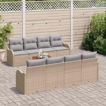 9-teiliges Garten-Sofa-Set mit Kissen Beige Poly-Rattan Akazie, 2-Sitzer Garten-Sofa mit Stauraum & Kissen Beige Poly-Rattan