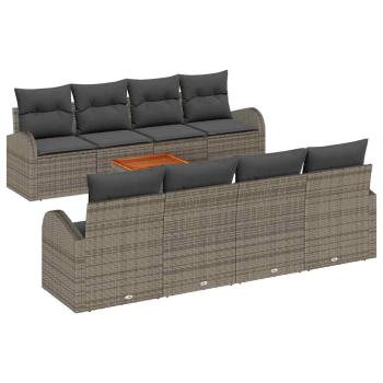 9-teilige Garten Sofaset mit Kissen Grau Poly Rattan Akazie, 2-Sitzer Garten Sofa mit Stauraum & Kissen Grau Poly Rattan