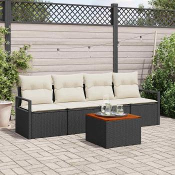 ARDEBO.de - 5-teiliges Garten-Sofa-Set mit Kissen Schwarz Poly-Rattan Akazie, 2-Sitzer Garten-Sofa mit Stauraum und Kissen Schwarz Poly-Rattan
