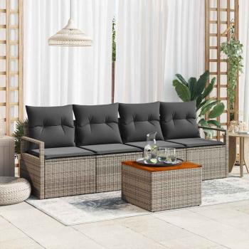 ARDEBO.de - 5-teiliges Garten-Sofa-Set mit Kissen Grau Poly-Rattan Akazie, 2-Sitzer Garten-Sofa mit Stauraum & Kissen Grau Poly-Rattan