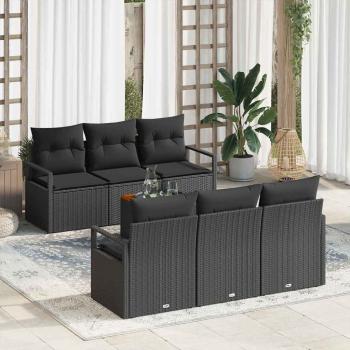 ARDEBO.de - 7-teiliges Garten Sofa Set mit Kissen Schwarz Poly Rattan Akazie, 2-Sitzer Garten Sofa mit Stauraum & Kissen Schwarz Poly Rattan