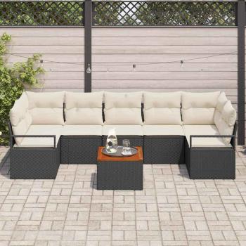 8-teiliges Garten Sofa Set mit Kissen Schwarz Poly Rattan Akazie, 2-Sitzer Garten Sofa mit Stauraum & Kissen Schwarz Poly Rattan