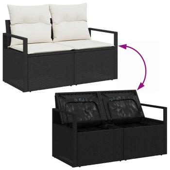 9-teiliges Garten-Sofa-Set mit Kissen, Schwarz, Poly-Rattan, Akazie, 2-Sitzer Garten-Sofa mit Stauraum & Kissen, Schwarz, Poly-Rattan